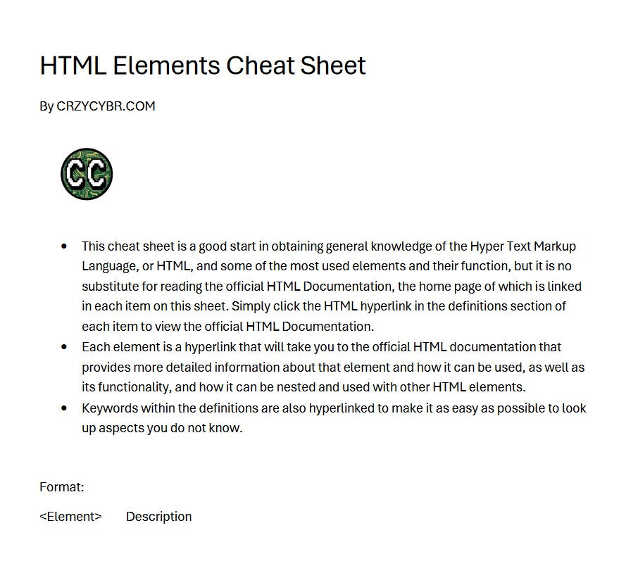 CRZYCYBR HTML Elements Cheat Sheet