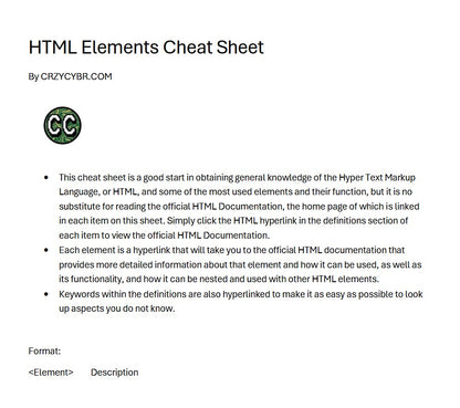 CRZYCYBR HTML Elements Cheat Sheet